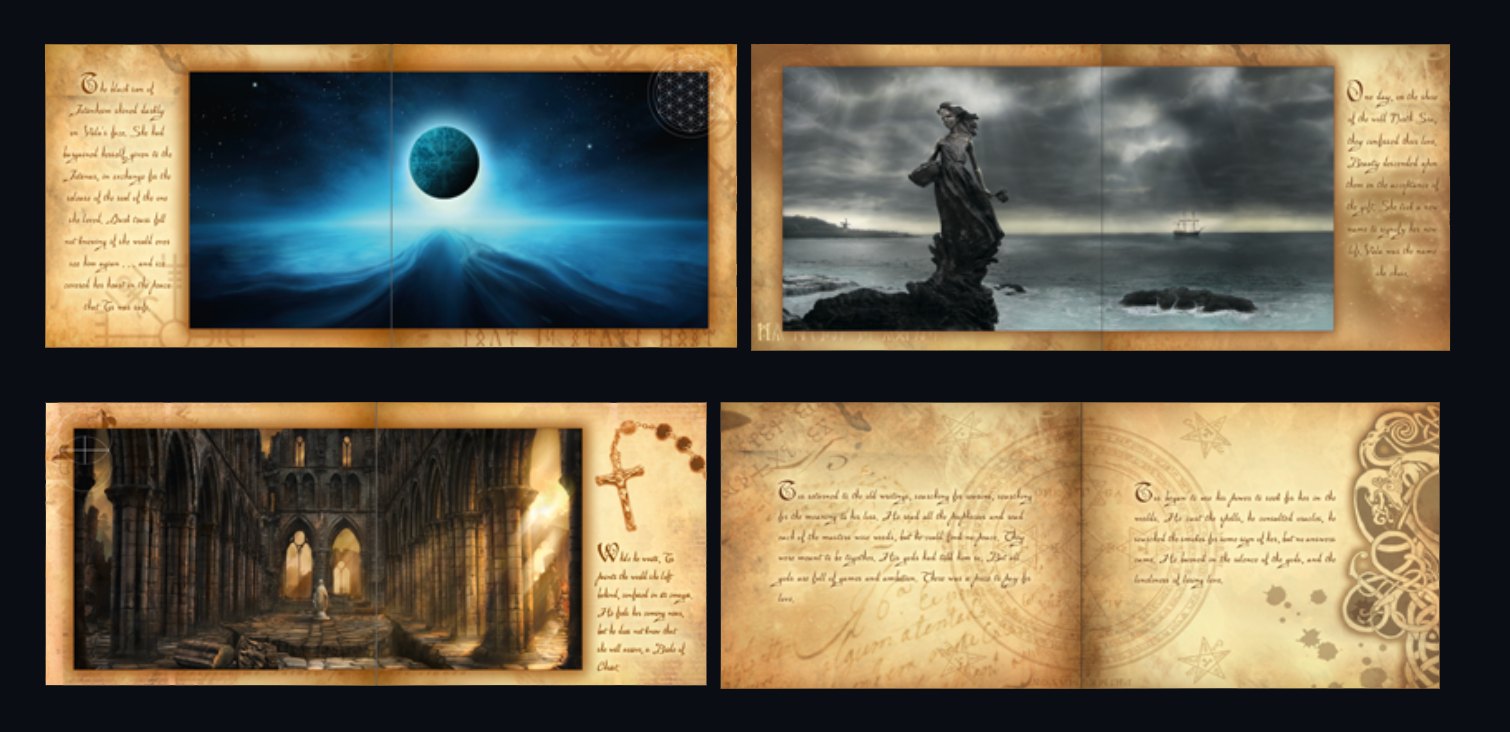 Four interior spreads from Dream of the North, paintings framed on parchment pages with calligraphy.
