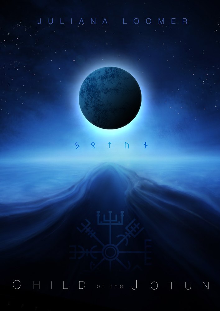 Child of the Jotun by Juliana Loomer. A dark moon over a glowing blue arctic seascape with runes.